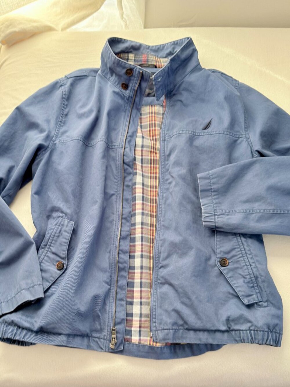 Nautica Mens Plaid Lined Harrington Jacket Blue Size L Bomber Windbreaker Preppy